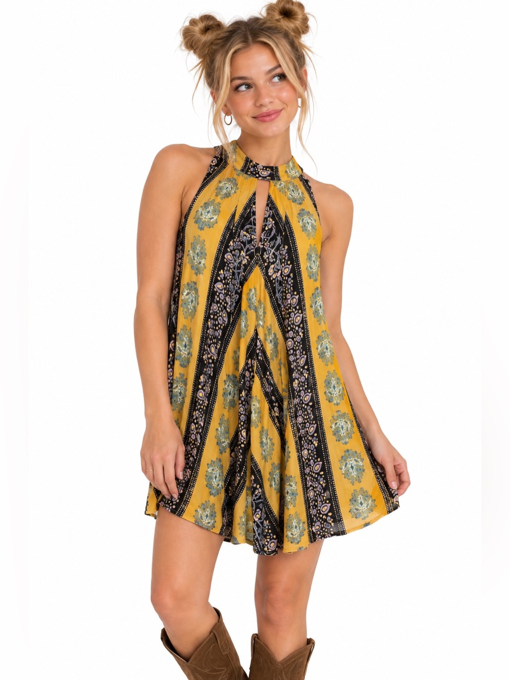 Free People keyhole Boho printed Mini Dress, rayon, ties in back! Festival dress